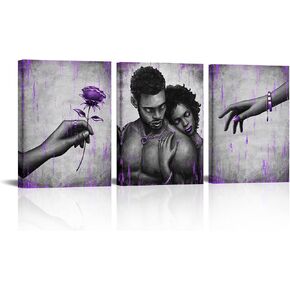Kalormore African American Woman and Man Painting Purple Golden Sweet Love Couple Canvas Wall Art Giclee Prints Gallery Wrap Artwork for Bedroom Living Room Bathroom Decoration (12"x16"x3)