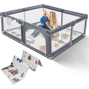 Suposeu Baby Playpen with Mat, 71"x59" Extra Large Playpen for Babies and Toddlers, Indoor & Outdoor Play Yard, Sturdy Safety Fence with Soft Breathable Mesh, Grey