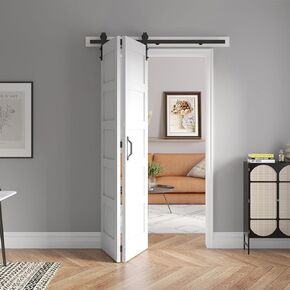 FREDBECK 28X84(Double 14x84) White Bi-fold Barn Door Sliding Folding Door Double Barn Door with 32" Hardware Track Kit Included,Solid MDF with Water-Proof PVC Surface for Closet,Assembly Required