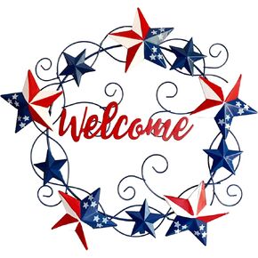Rustic Hanging Metal Americana Star Welcome Front Door Wreaths Patriotic Wall Decoration 13''H