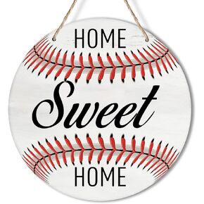 Yuzi-n Home Sweet Home Softball Wreath Sign for Front Door, 10" Circle Sign for Wreaths, Rustic Softball Sports Wooden Round Wreath Hanging Sign Plaque Wood Door Hanger Wall Decor