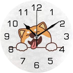 Hapuxt Wall Clock Silent Non Ticking Cute Cartoon Corgi Shiba Smiling Fashionable Decorative Battery Operated Round Clock for Bedroom Office School Home Living Room, 10 Inch