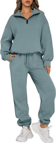 Trendy Queen Womens 2 Piece Outfits Long Sleeve Sweatsuits Sets Half Zip Sweatshirts with Joggers Sweatpants in Saudi Arabia