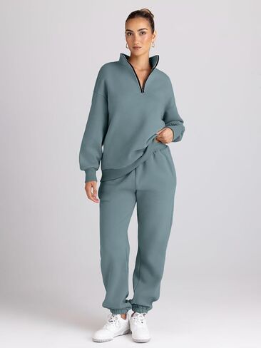 Trendy Queen Womens 2 Piece Outfits Long Sleeve Sweatsuits Sets Half Zip Sweatshirts with Joggers Sweatpants in Saudi Arabia