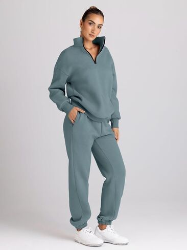 Trendy Queen Womens 2 Piece Outfits Long Sleeve Sweatsuits Sets Half Zip Sweatshirts with Joggers Sweatpants in Saudi Arabia