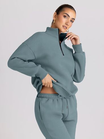 Trendy Queen Womens 2 Piece Outfits Long Sleeve Sweatsuits Sets Half Zip Sweatshirts with Joggers Sweatpants in Saudi Arabia