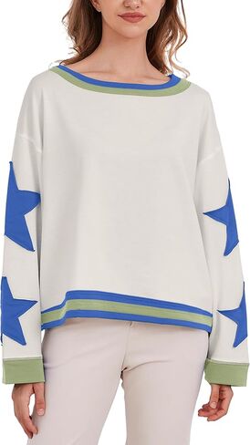 Women Oversized Star Graphic Sweatshirts Crewneck Drop Shoulder Pullover Top Y2K Vintage Long Sleeve Sweater Shirts in Kuwait