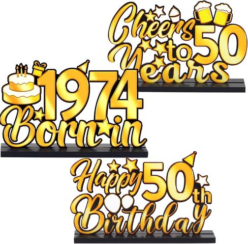 3 Pieces Happy 50th Birthday Party Table Decorations-Born in 1974, Cheer To 50 Years Table Centerpiece Sign Wooden Birthday Presents Congrats for Birthday Party Dinner Table Topper Favors in Saudi Arabia