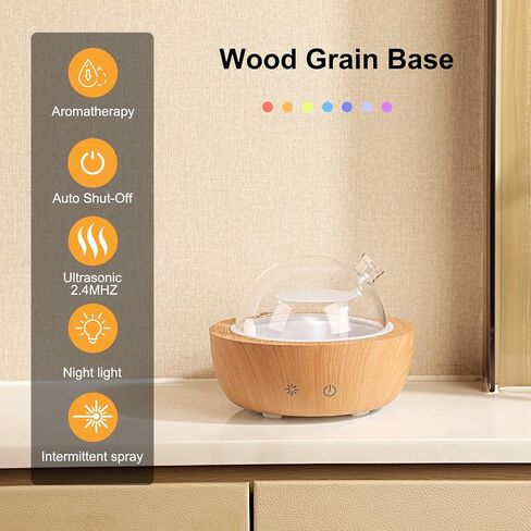 Glass Essential Oil Diffusers for Home, Wood Grain Base Humidifier, Decorative Bedroom Aromatherapy Scent Air Diffuser Ultrasonic Aroma Defusers 200ml in Saudi Arabia