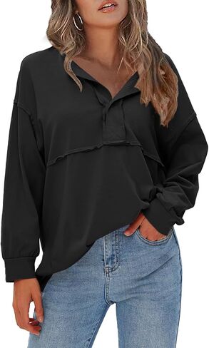 EXLURA Womens 2024 Fall Fashion Long Sleeve Henley Shirts Casual Button Down V Neck Tunic Blouses Loose Pullover Tops Outfits in Saudi Arabia