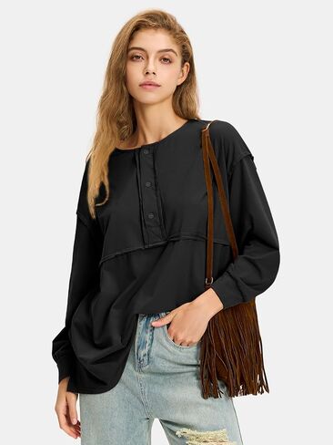 EXLURA Womens 2024 Fall Fashion Long Sleeve Henley Shirts Casual Button Down V Neck Tunic Blouses Loose Pullover Tops Outfits in Saudi Arabia