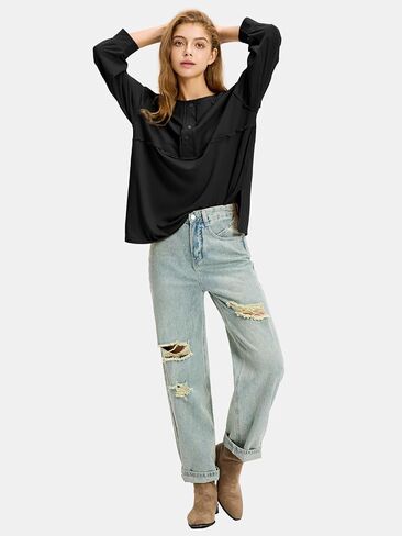 EXLURA Womens 2024 Fall Fashion Long Sleeve Henley Shirts Casual Button Down V Neck Tunic Blouses Loose Pullover Tops Outfits in Saudi Arabia