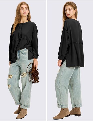 EXLURA Womens 2024 Fall Fashion Long Sleeve Henley Shirts Casual Button Down V Neck Tunic Blouses Loose Pullover Tops Outfits in Saudi Arabia