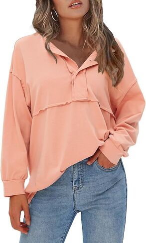 EXLURA Womens 2024 Fall Fashion Long Sleeve Henley Shirts Casual Button Down V Neck Tunic Blouses Loose Pullover Tops Outfits in Saudi Arabia