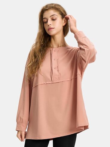 EXLURA Womens 2024 Fall Fashion Long Sleeve Henley Shirts Casual Button Down V Neck Tunic Blouses Loose Pullover Tops Outfits in Saudi Arabia