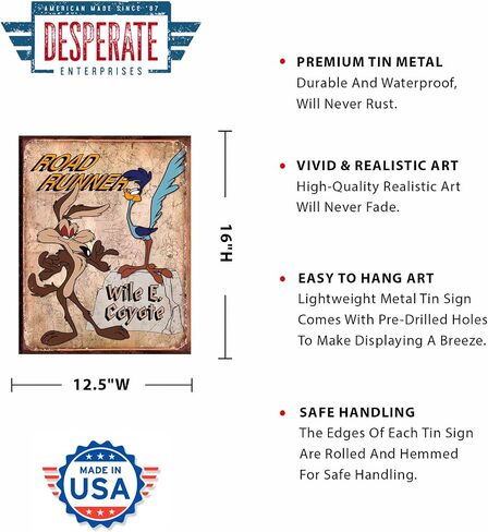 Desperate Enterprises Road Runner & Wile E Coyote Tin Sign - Nostalgic Vintage Metal Wall Decor - Made in USA in Saudi Arabia