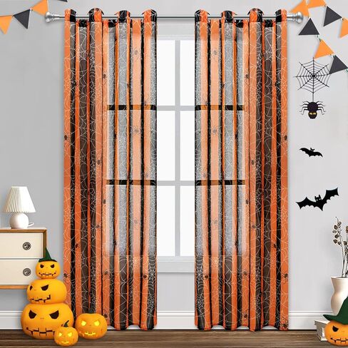 BLEUM CADE Halloween ستائر التعتيم لغرفة المعيشة وغرفة النوم ستارة نافذة شبكة العنكبوت بطول 84 بوصة 2 لوح أسود برتقالي مخطط جروميت ستائر معزولة حراريًا لديكور حفلات الهالوين in Kuwait