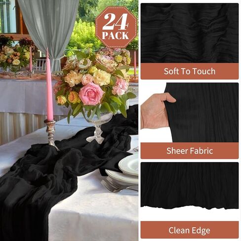 24 عبوة من مفرش طاولة من القماش القطني الأسود مقاس 20 × 70 بوصة، مفرش طاولة من قماش الجبن البوهيمي شبه الشفاف لحفلات الزفاف، وحفلات الزفاف، وأعياد الميلاد، وديكور طاولة الحفلات. in Kuwait