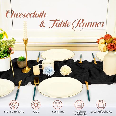24 عبوة من مفرش طاولة من القماش القطني الأسود مقاس 20 × 70 بوصة، مفرش طاولة من قماش الجبن البوهيمي شبه الشفاف لحفلات الزفاف، وحفلات الزفاف، وأعياد الميلاد، وديكور طاولة الحفلات. in Kuwait