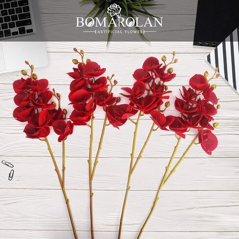 BOMAROLAN Artificial Flowers Faux Butterfly Orchid 4 Pcs Real Touch Double Branch Silk Flowers for Wedding Home Office Party Hotel Yard Decoration Restaurant Patio Festive Furnishing (Red) in Saudi Arabia