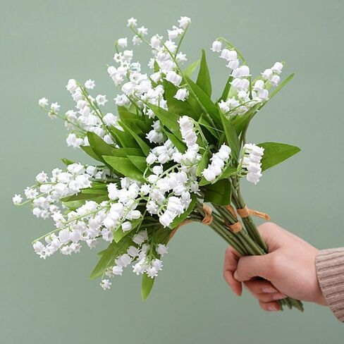 18 زهرة بلاستيكية من زنبق الوادي، حزم زهور صناعية، باقة زفاف خارجية لتزيين المنزل والحديقة وحفلات الزفاف (أبيض) in Saudi Arabia