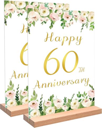 قطعتان من Vlipoeasn لتزيين طاولة الذكرى السنوية الستين للزفاف باللون الأبيض الأنيق وزهرة الفاوانيا الذهبية والفاوانيا للذكرى الستين مع حامل خشبي مفاجأة للآباء الذين يهتفون حتى 60 عامًا من الزفاف in Kuwait