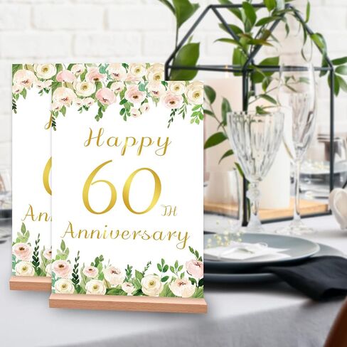 قطعتان من Vlipoeasn لتزيين طاولة الذكرى السنوية الستين للزفاف باللون الأبيض الأنيق وزهرة الفاوانيا الذهبية والفاوانيا للذكرى الستين مع حامل خشبي مفاجأة للآباء الذين يهتفون حتى 60 عامًا من الزفاف in Kuwait