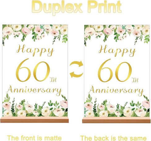 قطعتان من Vlipoeasn لتزيين طاولة الذكرى السنوية الستين للزفاف باللون الأبيض الأنيق وزهرة الفاوانيا الذهبية والفاوانيا للذكرى الستين مع حامل خشبي مفاجأة للآباء الذين يهتفون حتى 60 عامًا من الزفاف in Kuwait