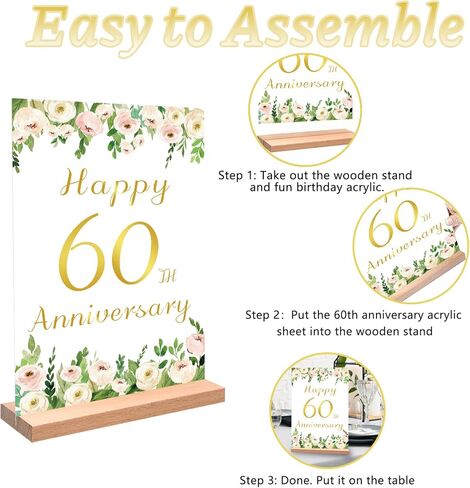 قطعتان من Vlipoeasn لتزيين طاولة الذكرى السنوية الستين للزفاف باللون الأبيض الأنيق وزهرة الفاوانيا الذهبية والفاوانيا للذكرى الستين مع حامل خشبي مفاجأة للآباء الذين يهتفون حتى 60 عامًا من الزفاف in Kuwait
