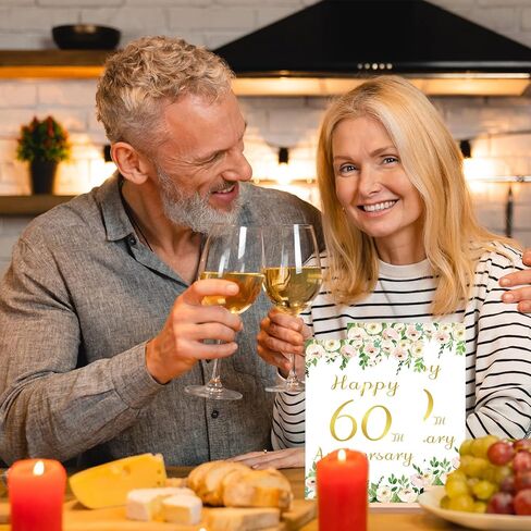 قطعتان من Vlipoeasn لتزيين طاولة الذكرى السنوية الستين للزفاف باللون الأبيض الأنيق وزهرة الفاوانيا الذهبية والفاوانيا للذكرى الستين مع حامل خشبي مفاجأة للآباء الذين يهتفون حتى 60 عامًا من الزفاف in Kuwait