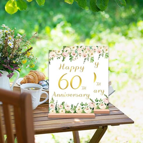 قطعتان من Vlipoeasn لتزيين طاولة الذكرى السنوية الستين للزفاف باللون الأبيض الأنيق وزهرة الفاوانيا الذهبية والفاوانيا للذكرى الستين مع حامل خشبي مفاجأة للآباء الذين يهتفون حتى 60 عامًا من الزفاف in Kuwait
