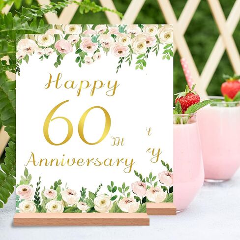 قطعتان من Vlipoeasn لتزيين طاولة الذكرى السنوية الستين للزفاف باللون الأبيض الأنيق وزهرة الفاوانيا الذهبية والفاوانيا للذكرى الستين مع حامل خشبي مفاجأة للآباء الذين يهتفون حتى 60 عامًا من الزفاف in Kuwait