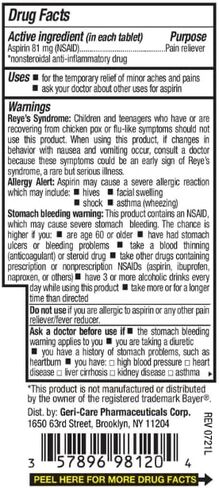 GeriCare Low Dose Enteric Coated Aspirin 81mg Pain Reliever, 100 Count (Pack of 1) in Saudi Arabia