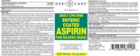 GeriCare Low Dose Enteric Coated Aspirin 81mg Pain Reliever, 100 Count (Pack of 1) in Saudi Arabia