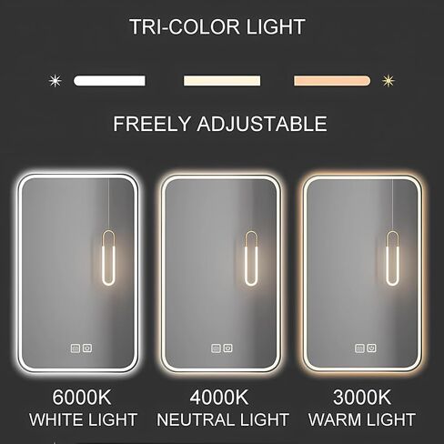 DLPIN 24x32inch LED Bathroom Mirror,Rounded Corner Rectangle Frameless, Vanity Smart Mirror Equipped with Defogging and Gradient 3-Color Lighting,Wall-Mounted Vanity Mirrors in Saudi Arabia