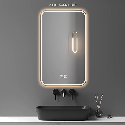 DLPIN 24x32inch LED Bathroom Mirror,Rounded Corner Rectangle Frameless, Vanity Smart Mirror Equipped with Defogging and Gradient 3-Color Lighting,Wall-Mounted Vanity Mirrors in Saudi Arabia