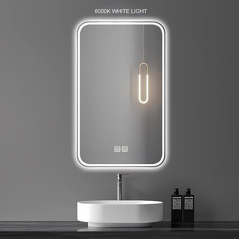 DLPIN 24x32inch LED Bathroom Mirror,Rounded Corner Rectangle Frameless, Vanity Smart Mirror Equipped with Defogging and Gradient 3-Color Lighting,Wall-Mounted Vanity Mirrors in Saudi Arabia