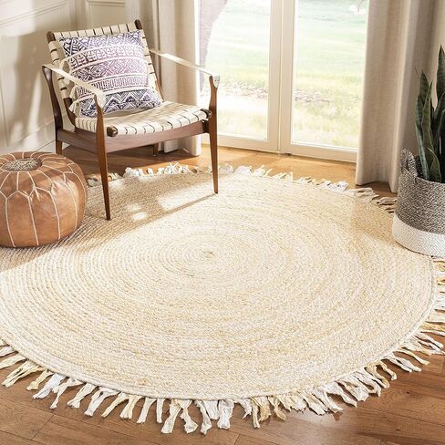 SAFAVIEH Braided Collection Area Rug - 4' Round, Beige, Handmade Boho Fringe Reversible Cotton, Ideal for High Traffic Areas in Living Room, Bedroom (BRD451B) in Saudi Arabia
