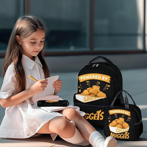 Chicken Nugget Backpack with Lunch Box for Girls, Set of 3 School Backpacks Matching Combo, Funny Gold Bookbag and Pencil Case Bundle in Kuwait