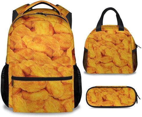 Chicken Nugget Backpack with Lunch Box for Girls, Set of 3 School Backpacks Matching Combo, Funny Gold Bookbag and Pencil Case Bundle in Kuwait