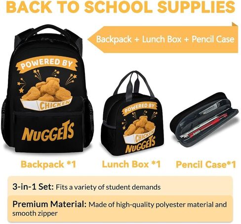 Chicken Nugget Backpack with Lunch Box for Girls, Set of 3 School Backpacks Matching Combo, Funny Gold Bookbag and Pencil Case Bundle in Kuwait