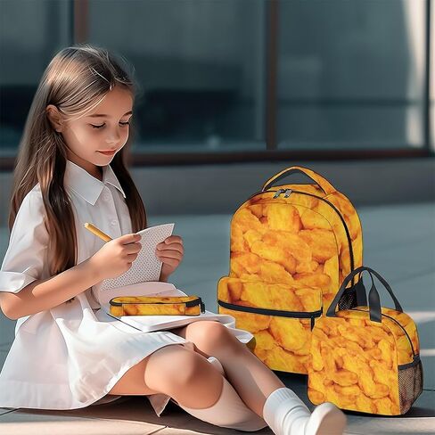 Chicken Nugget Backpack with Lunch Box for Girls, Set of 3 School Backpacks Matching Combo, Funny Gold Bookbag and Pencil Case Bundle in Kuwait