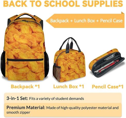 Chicken Nugget Backpack with Lunch Box for Girls, Set of 3 School Backpacks Matching Combo, Funny Gold Bookbag and Pencil Case Bundle in Kuwait