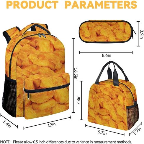 Chicken Nugget Backpack with Lunch Box for Girls, Set of 3 School Backpacks Matching Combo, Funny Gold Bookbag and Pencil Case Bundle in Kuwait