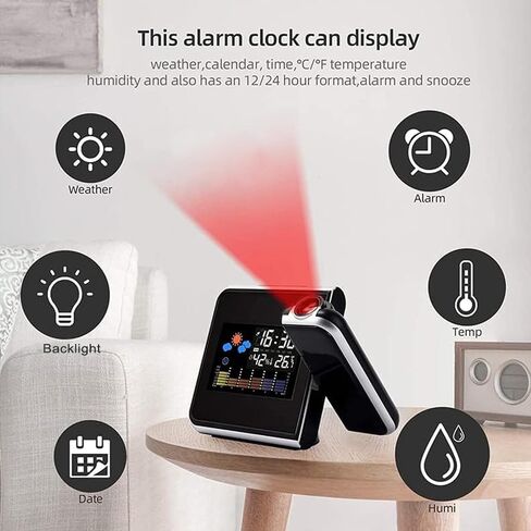 Projection Alarm Clock, Weather Clock Bedside with 180° Projector, LCD Digital Clock with 12/24H Time Date Snooze Temperature Humidity Table Clock Backlight for Bedroom Living Room Office in Saudi Arabia