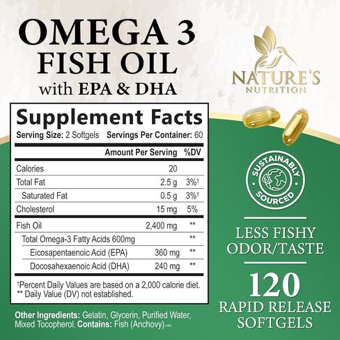 Triple Strength Omega 3 Fish Oil 2400 mg Softgels, Nature's Fish Oil Supplements, Brain & Heart Health Support - EPA & DHA, 1200 MG Fish Oil in Each Softgel, Omega-3 Supplement - 60 Fish Oil Softgels in Saudi Arabia