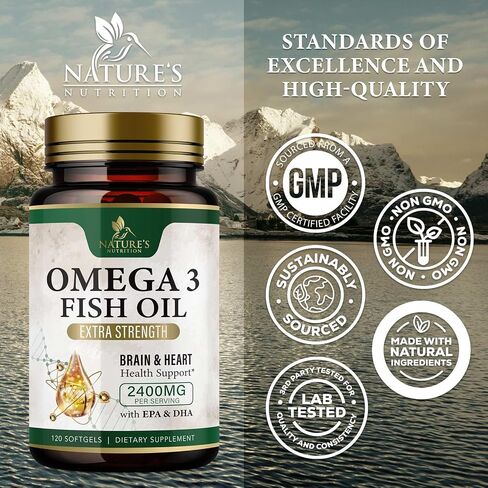 Triple Strength Omega 3 Fish Oil 2400 mg Softgels, Nature's Fish Oil Supplements, Brain & Heart Health Support - EPA & DHA, 1200 MG Fish Oil in Each Softgel, Omega-3 Supplement - 60 Fish Oil Softgels in Saudi Arabia
