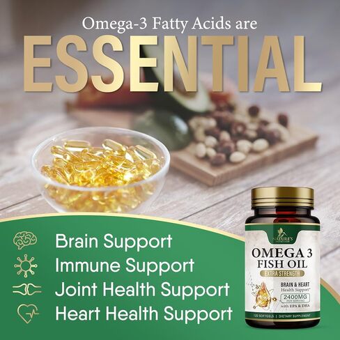 Triple Strength Omega 3 Fish Oil 2400 mg Softgels, Nature's Fish Oil Supplements, Brain & Heart Health Support - EPA & DHA, 1200 MG Fish Oil in Each Softgel, Omega-3 Supplement - 60 Fish Oil Softgels in Saudi Arabia