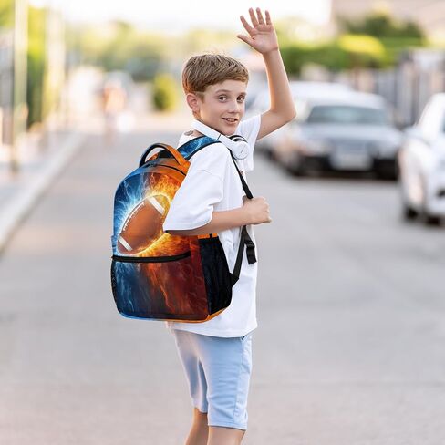 Football Backpack for Boys, Cool Fire and Ice Football Backpack for School, Youth Kids Football Bookbag, Elementary Middle School Sport Balls Kids Backpack Water Resistant Bookbags, 16 Inch in Saudi Arabia