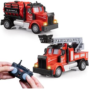Force1 Mini RC Firetrucks Toys for Kids - 2 Pack Remote Control Kid Fire Truck Set with Mini Water Tank and Boom Toy Fire Trucks for Boys or Girls, Rechargeable 2.4GHz Remote Firetruck with Lights
